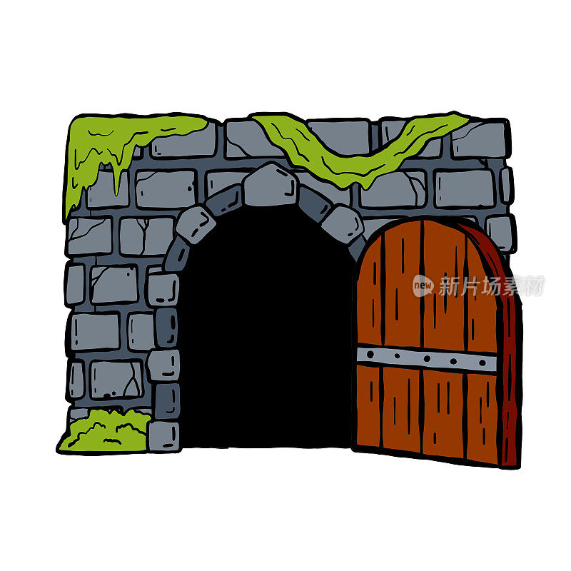 Door of castle. Entrance to fairy tale fortress or stone medieval old wall. Wooden open doorway. Cartoon hand drawn illustration